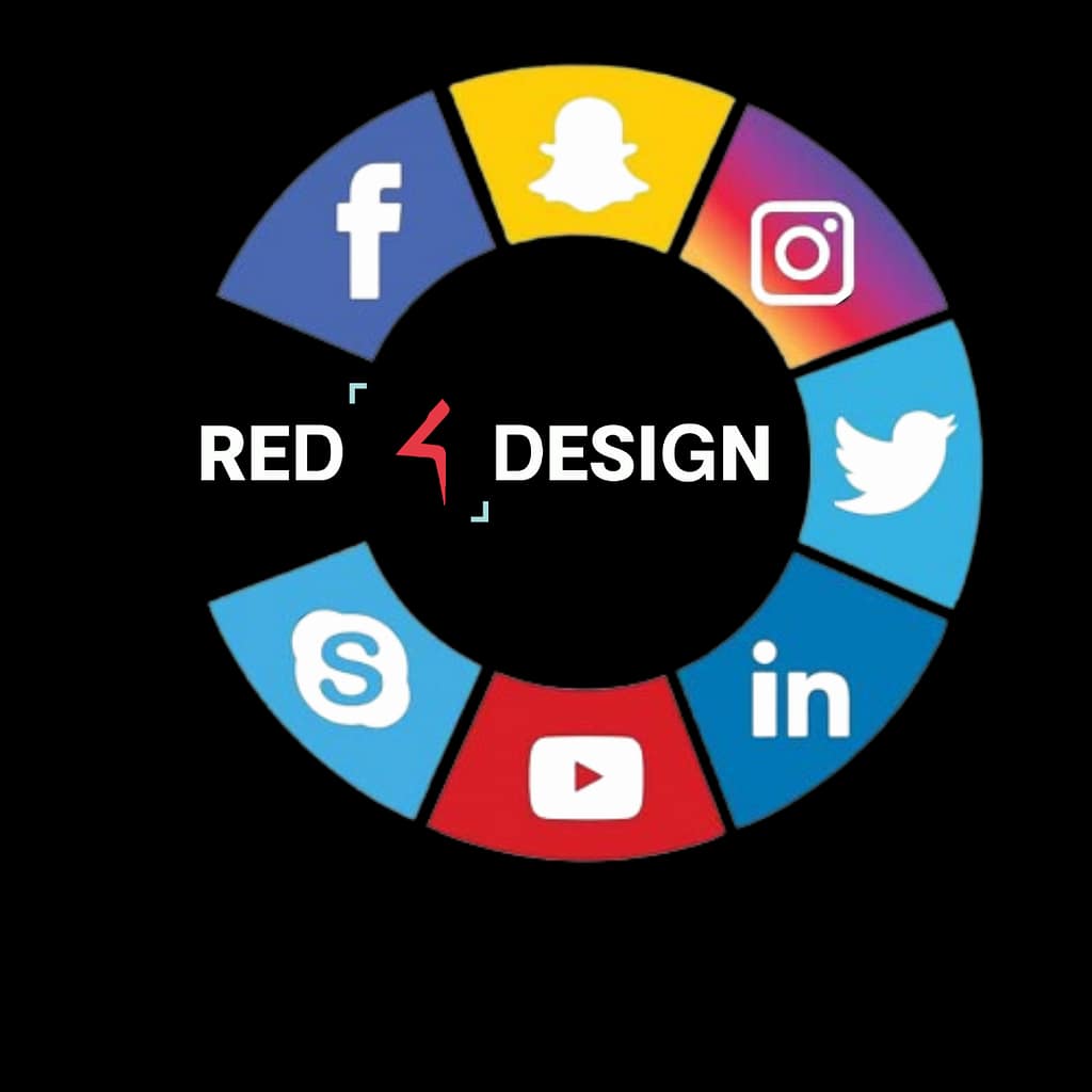 Logotipo circular de redes sociales con el texto "RED 4 DESIGN" en el centro.